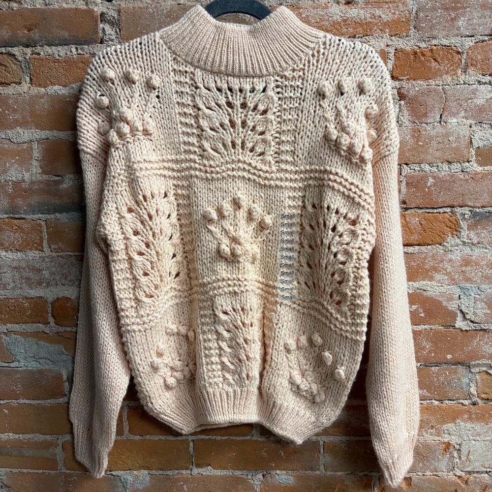 Jamie Scott Hand Knit Pom-Pom Cable Knit Pink Mock Neck Sweater Women’s S NWT